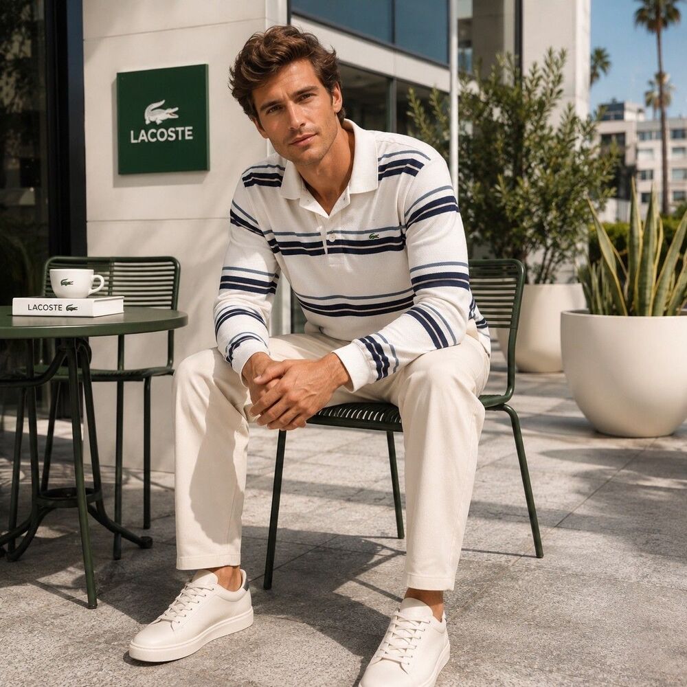 LACOSTE Men’s Shirt Polo 6 Striped Long Sleeve Pique Polo White Navy Vintage